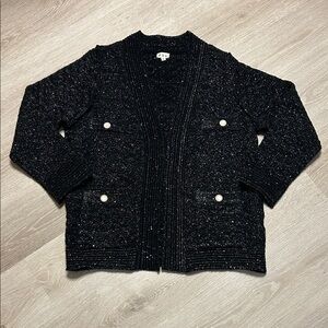 POL Black and Silver Metallic Knit Sparkly Cardigan with Pearl Buttons